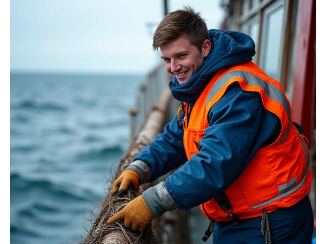 Deck crew member on a commercial fishing vessel handling nets
