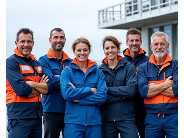 Diverse group of maritime professionals standing together