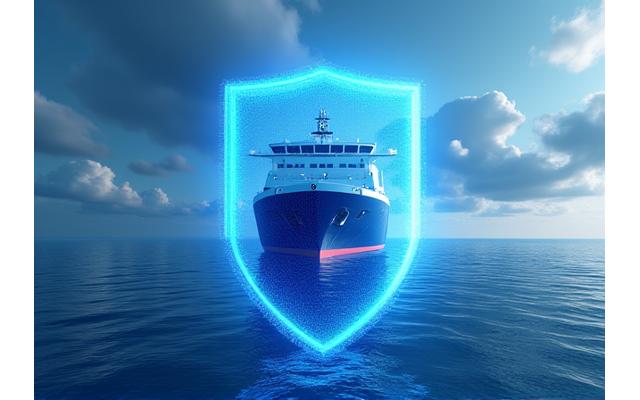A large cargo ship sailing safely under the watchful eye of a digital protective shield, symbolizing insurance and risk management