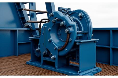 Heavy-duty winch on a commercial fishing vessel deck