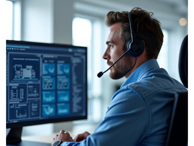 Technician assisting a client on phone with marine equipment monitor