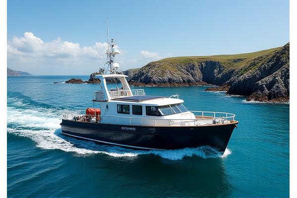 Modern fishing vessel with solar panels on its roof, sailing off the Cornish coast, showing a clear, sunny day.