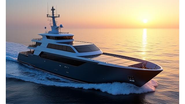 Photorealistic depiction of a modern fishing vessel with visible solar panels and wind turbine elements, set against a calm, blue ocean at sunrise, illustrating integrated offshore renewable energy.
