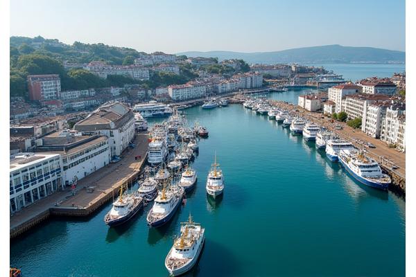 Overhead view of Plymouth harbour with shore power charging stations clearly visible and solar panels atop port buildings.