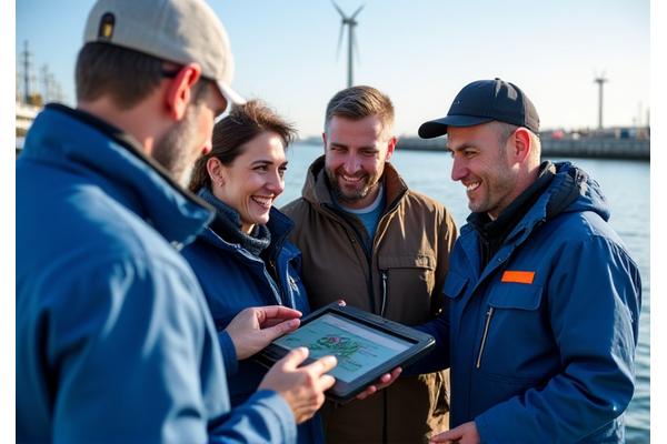 Group of fishing industry professionals smiling and reviewing data on a tablet, with a backdrop of renewable energy infrastructure and the ocean, representing a successful, carbon-neutral cooperative.