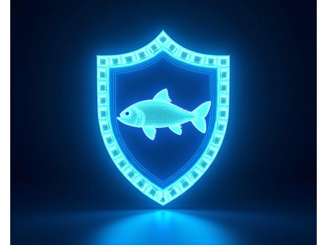 Graphic of a digital shield protecting seafood products from fraud with blockchain elements